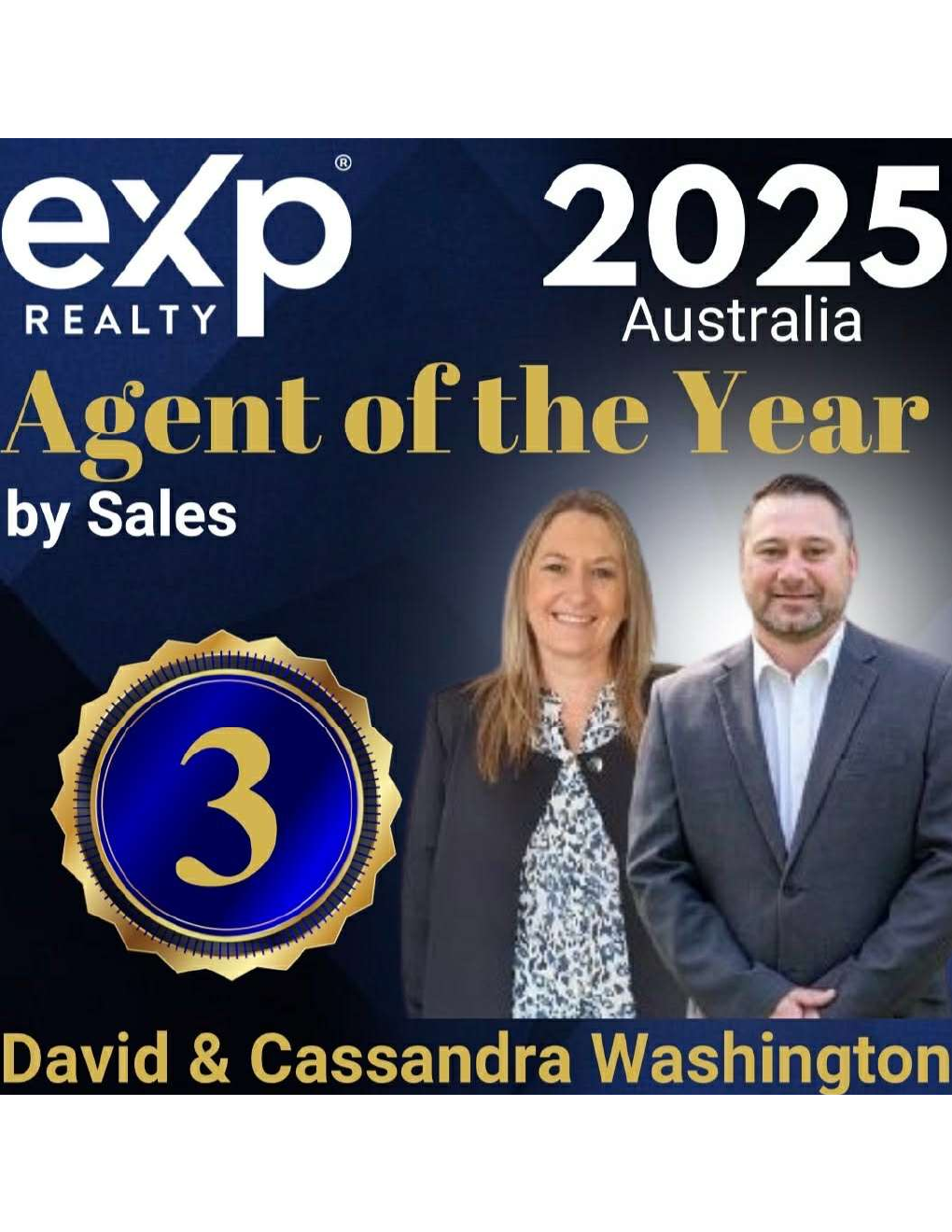 David and Cassandra Washington ranked third for eXp Realty Australia Agent of the Year by Sales in 2025