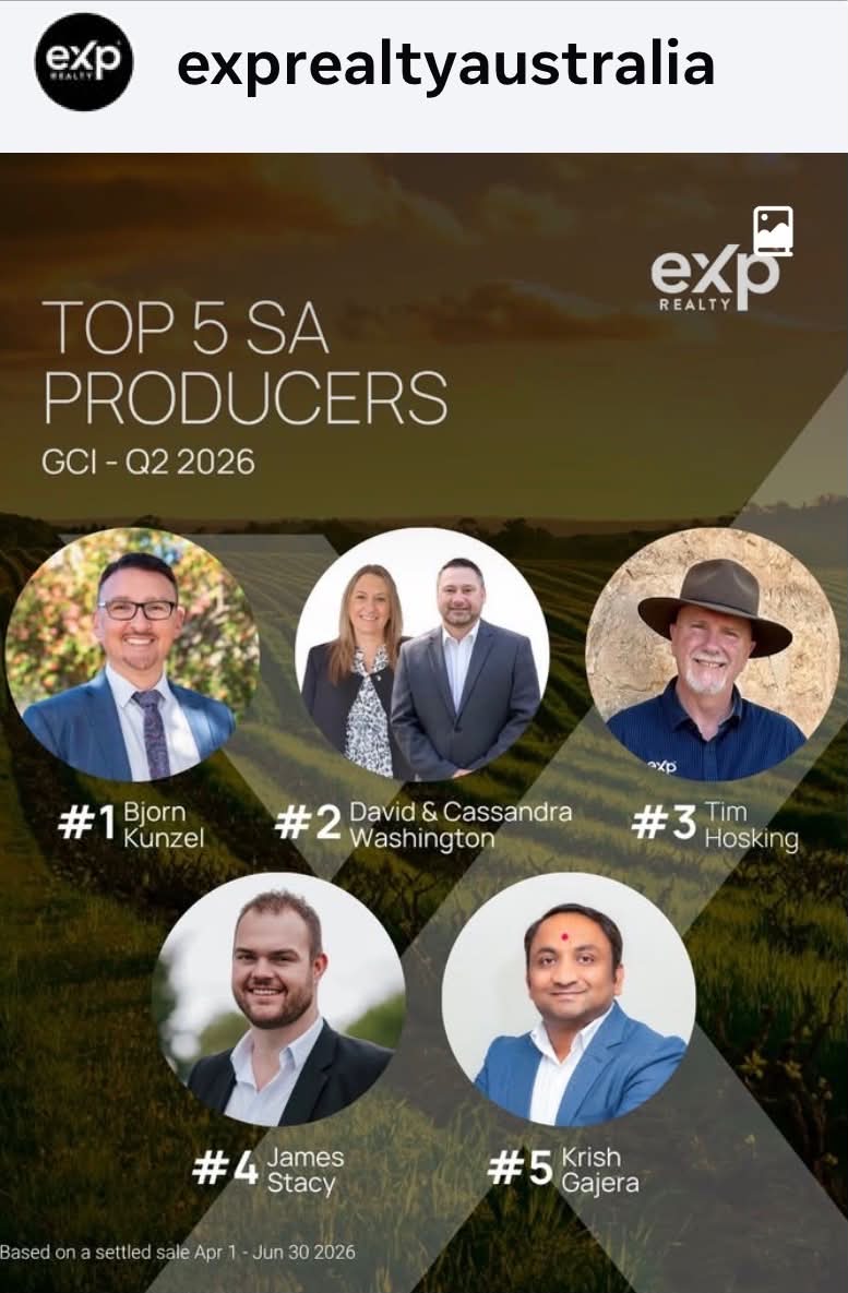 David and Cassandra Washington ranked second among eXp South Australia producers for GCI in Q2 2026